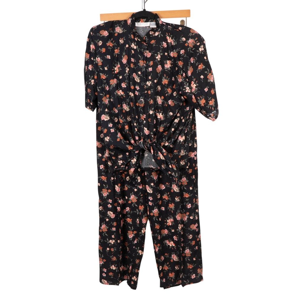 Feruccio VTG Outfit M Women Floral Button Up Tie Shirt Elastic Waist Pants Black